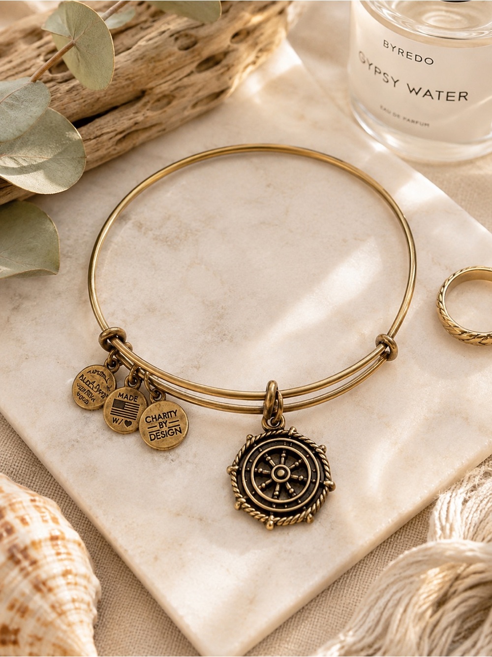 Alex and Ani Ship Wheel Gold Expandable Bangle Bracelet Nautical Coastal Charm